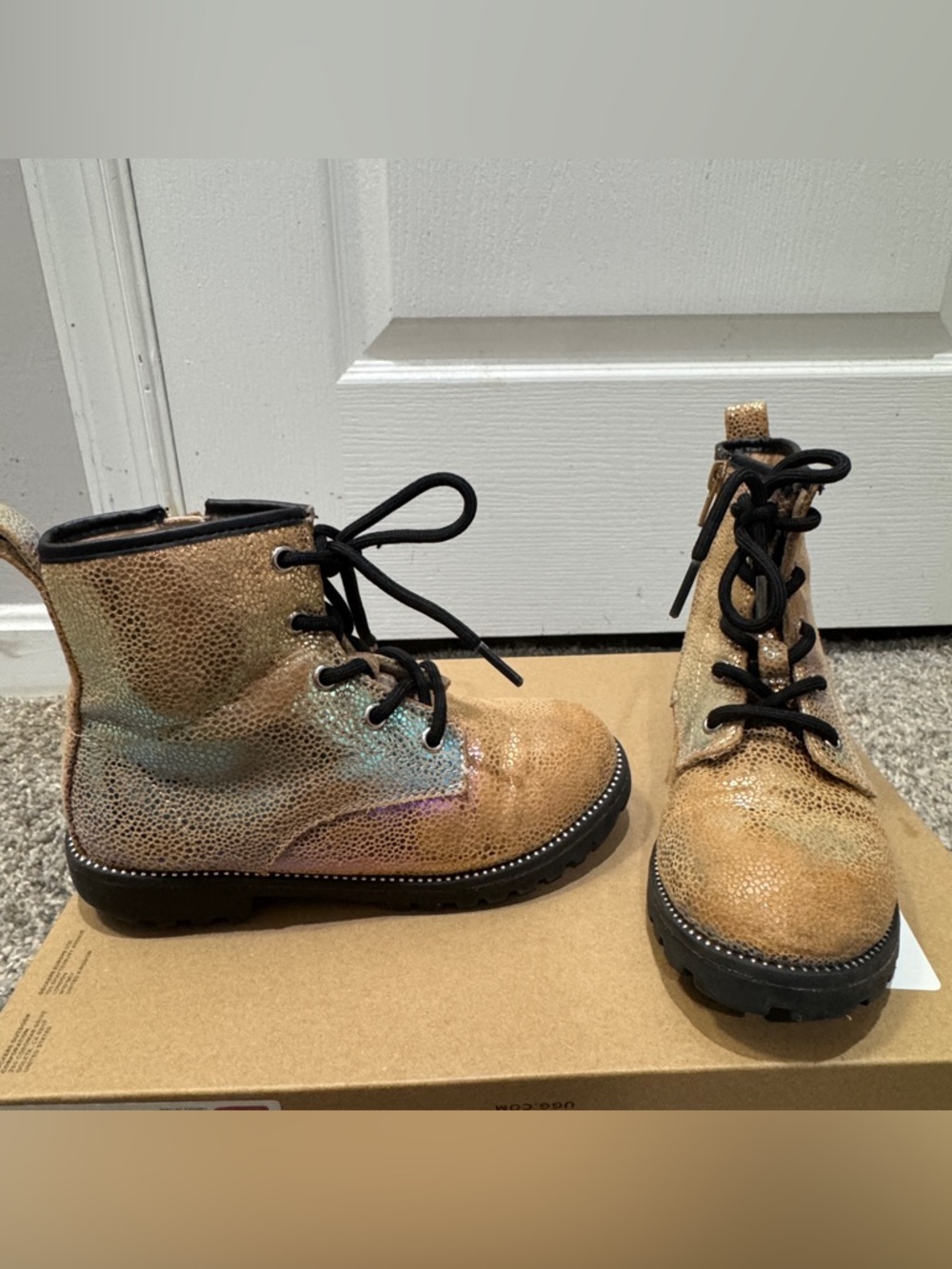 Girls’ Metallic Gold Lace-Up Iridescent Combat Boots- $10